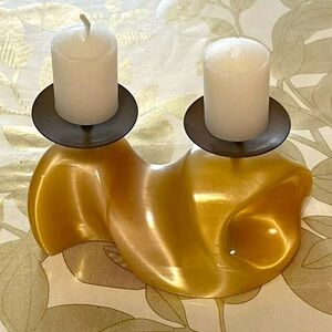 VINTAGE RUSSIAN YELLOW/PEARL ONYX SELENITE STONE CANDLE HOLDER